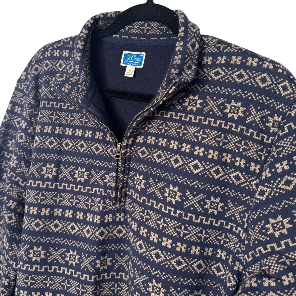J. Crew Mens Brushed Fleece Half Zip Sweatshirt L Navy Tan Print Pullover AU003